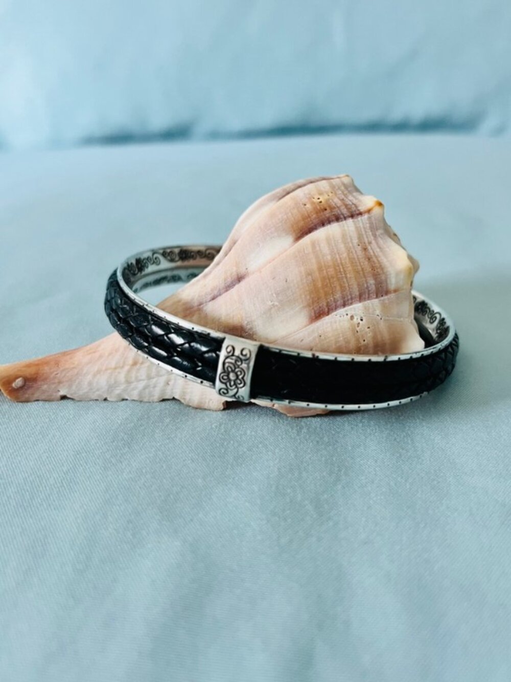 Brighton Braided Black Leather Talana Scroll Bangle